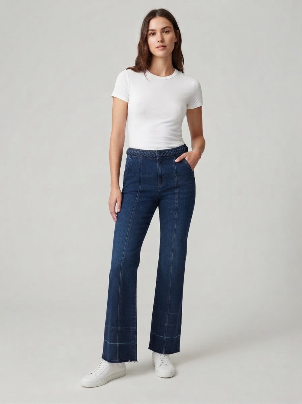 Indigo Blue Braided-Waist Wide-Leg Jeans in Dark Blue